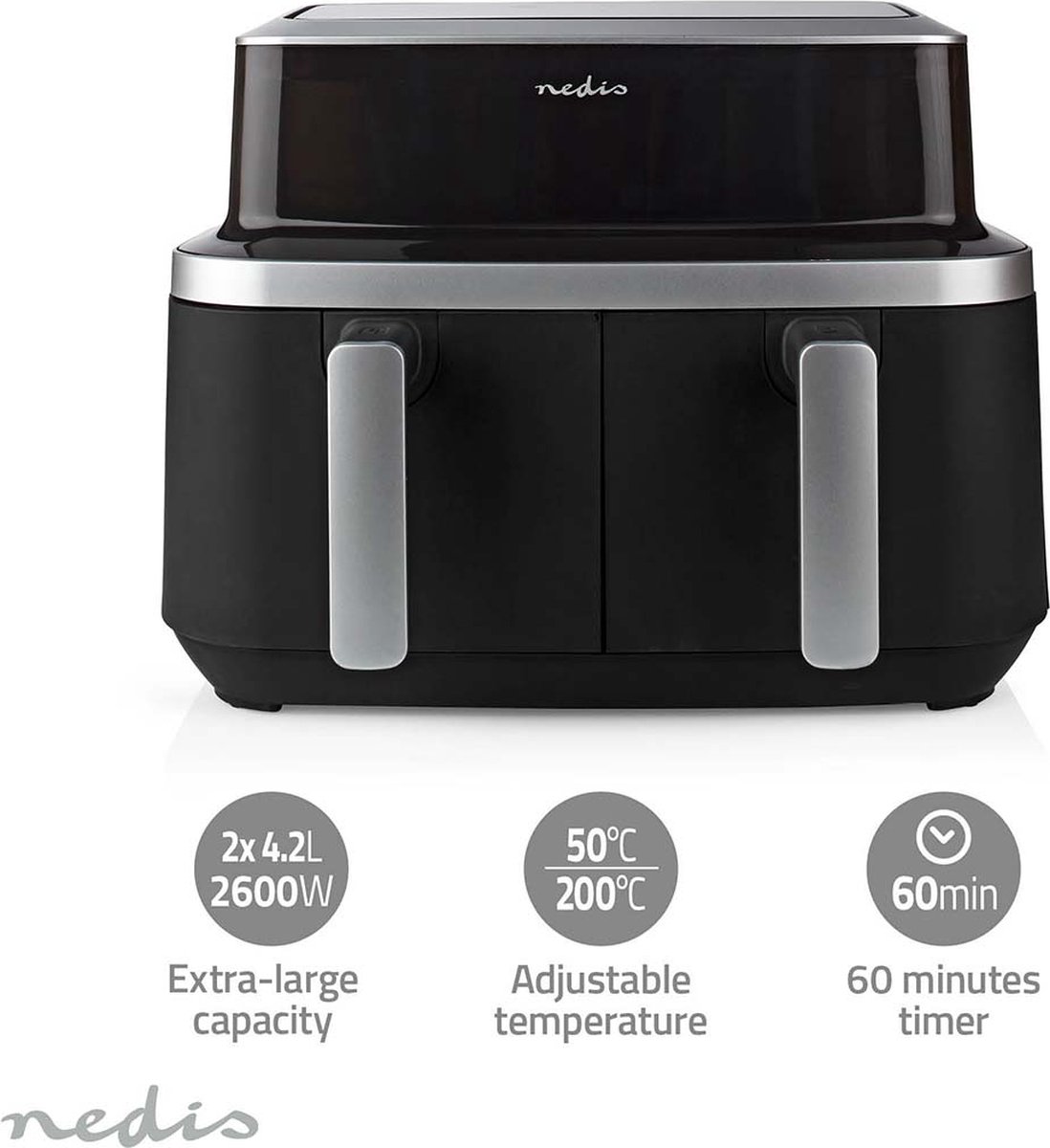 Heteluchtfriteuse - 2 x 4.2 l - Dubbele Airfryer - Tijdschakelaar: 60 min - 10 vooraf ingestelde programma's - Digitaal