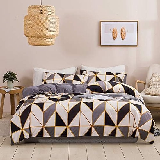 linge de lit, motif géométrique, dekbedovertrek réversible, microfibre, parure de lit zippée