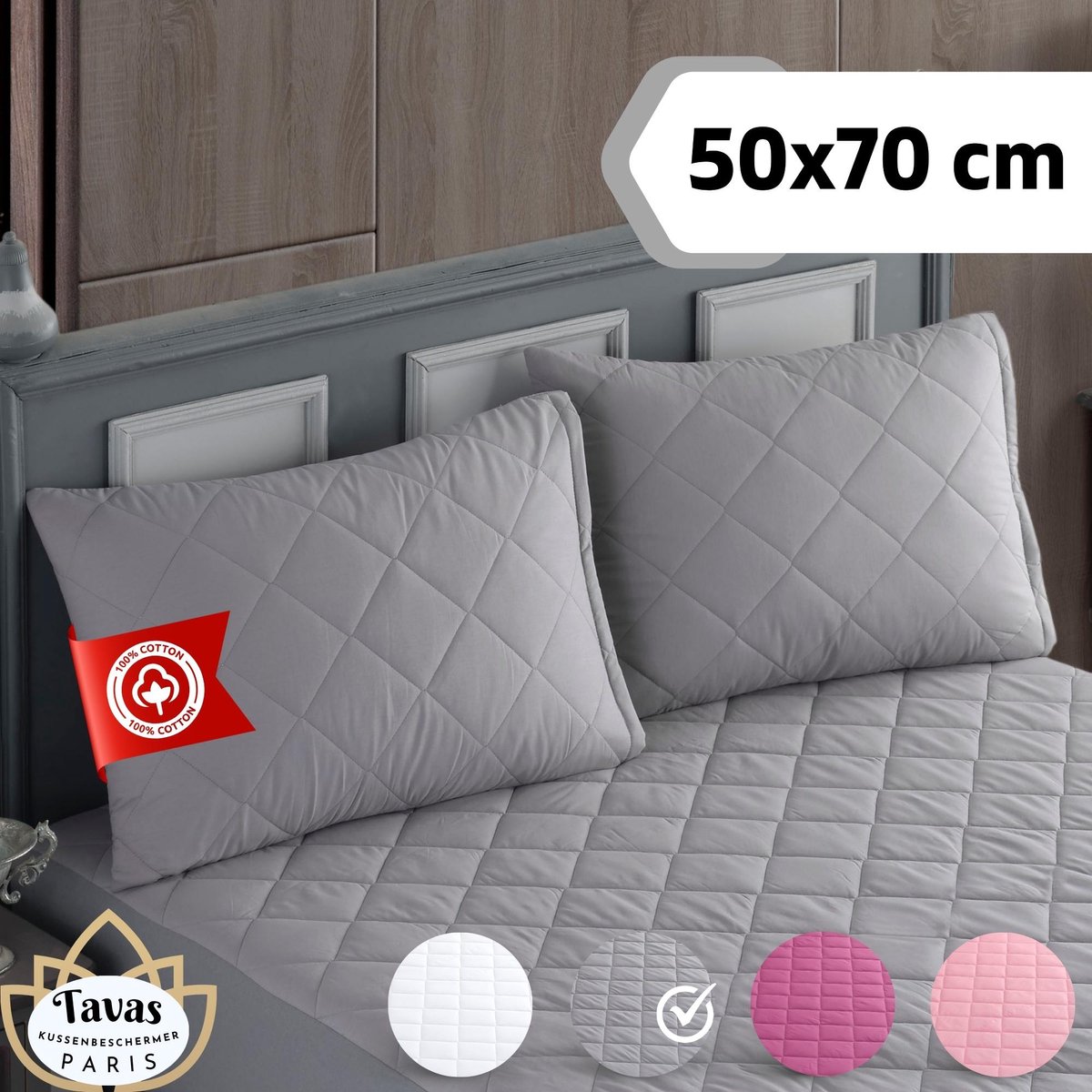 Tavas Paris Kussenbeschermer Waterdicht 2 stuks Grijs Kussenbeschermers 50 x 70 cm 100% Katoen molton kussensloop Kussen Beschermer Kussenbeschermers Met rits Waterproof kussen molton Kussenslopen