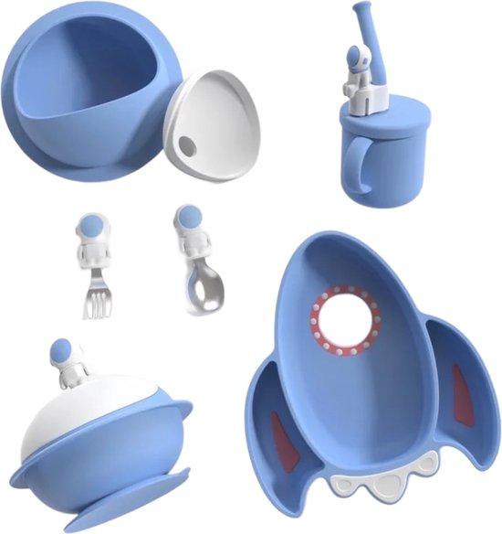 Kinderservies Astronauten Set van 6 voor Kinderen - Bord/Lepel/Vork/Beker/Slabbetje/Kommetje - BPAVRIJ Anti slip Ftalaatvrij - Baby servies - Kinderservies - Kinderbord - Blauw - Magnetron - Vaatwasser van Kinder — afbeelding 3