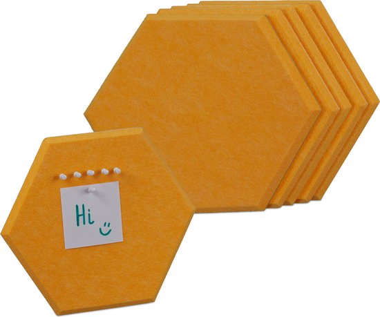 Relaxdays prikbord vilt - set van 6 - hexagon - zelfklevend memobord - klein - geel - Relaxdays