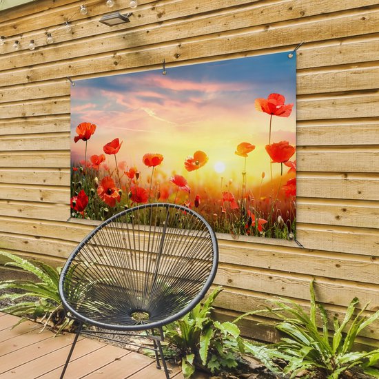 Tuinposter bloemen - Tuindecoratie klaprozen rood - 120x80 cm - Tuinschilderij voor buiten - Tuindoek zonsondergang - Wanddecoratie tuin - Schuttingdoek - Balkon decoratie - Muurdecoratie - Buitenschilderij