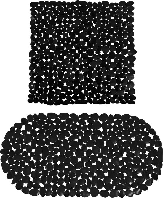 MSV Douche/bad anti-slip matten set badkamer - pvc - 2x stuks - zwart - 2 formaten