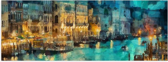 Poster Glanzend – Schilderij van Gondel over de Wateren van Venetië - 60x20 cm Foto op Posterpapier met Glanzende Afwerking