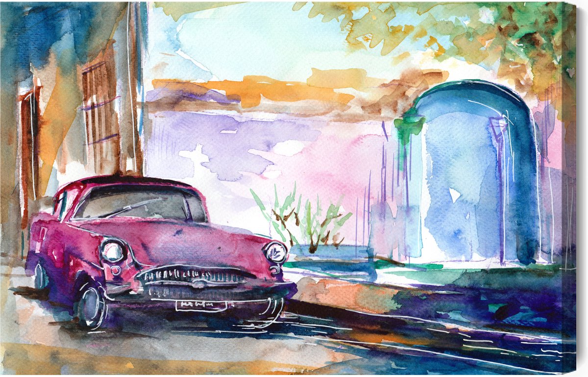 Schilderijkoning - Canvas Schilderij Roze Auto Geschilderd Met Waterverf - 40 x 30 cm