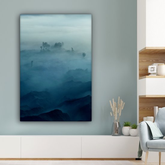 Peinture sur toile - Brouillard - Arbres - Berg - Blauw - Canvasdoek - Photo sur toile - 80x120 cm - Peintures sur toile