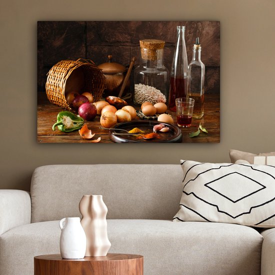 Canvas schilderij - Foto op doek - Groente - Eieren - Kruiden - Eten - Stilleven - Muurdecoratie - 60x40 cm - Canvas doek