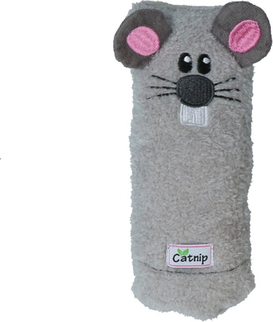 Grijze muizenknuffel met grote oren, snorharen, een tand en een schattig gezichtje. Label 'Catnip'.