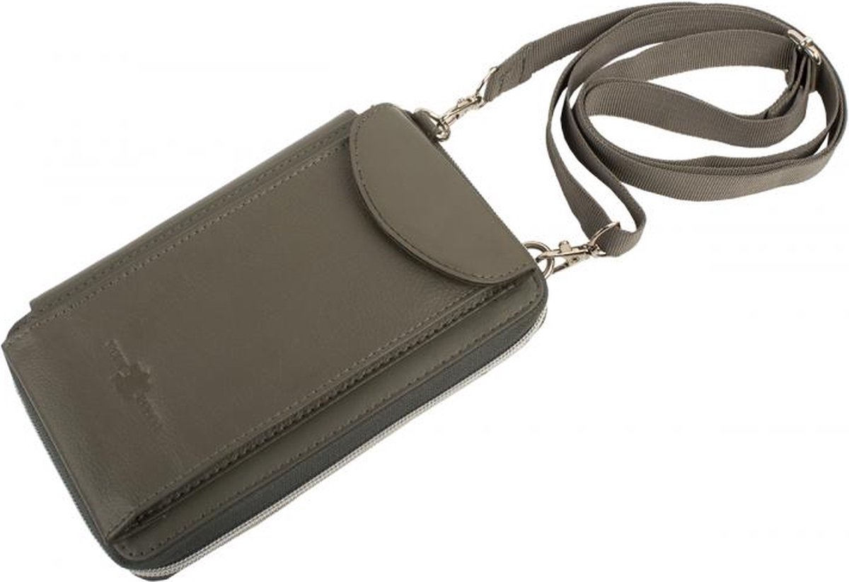 Rojafit ”Rundleer” Luxe Lederen Crossbody / Portemonnee & Telefoontas - Grijs - (afmeting : 13 x 3,5 x 20 cm.) Smartphone vak 17,5 x 8 cm.