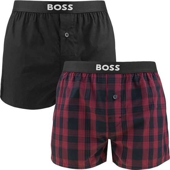 HUGO BOSS boxershorts woven (2-pack) - heren boxers wijd model - zwart en donkerrood geruit - Maat: L