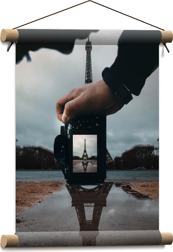 Textielposter - Fotocamera voor Eiffeltoren, Parijs - 30x40 cm Foto op Textiel