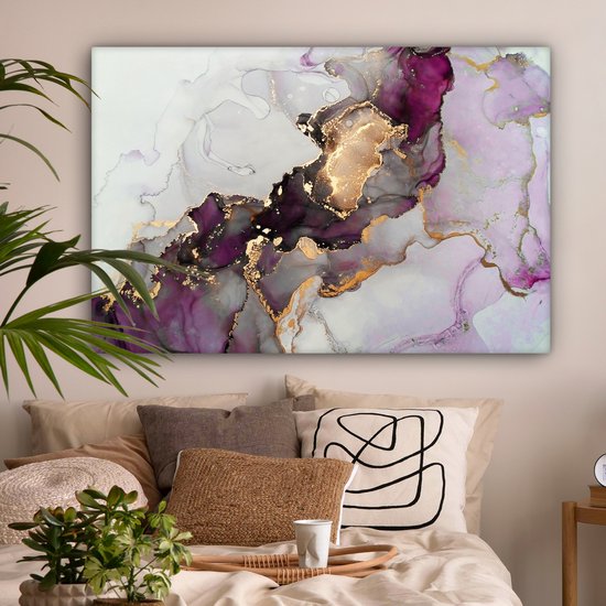 Toile Peinture Marbre - Abstrait - Or - Violet - 140x90 cm - Décoration murale