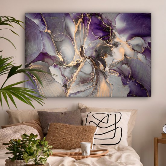 Toile Peinture Or - Violet - Marbre - 140x90 cm - Décoration murale
