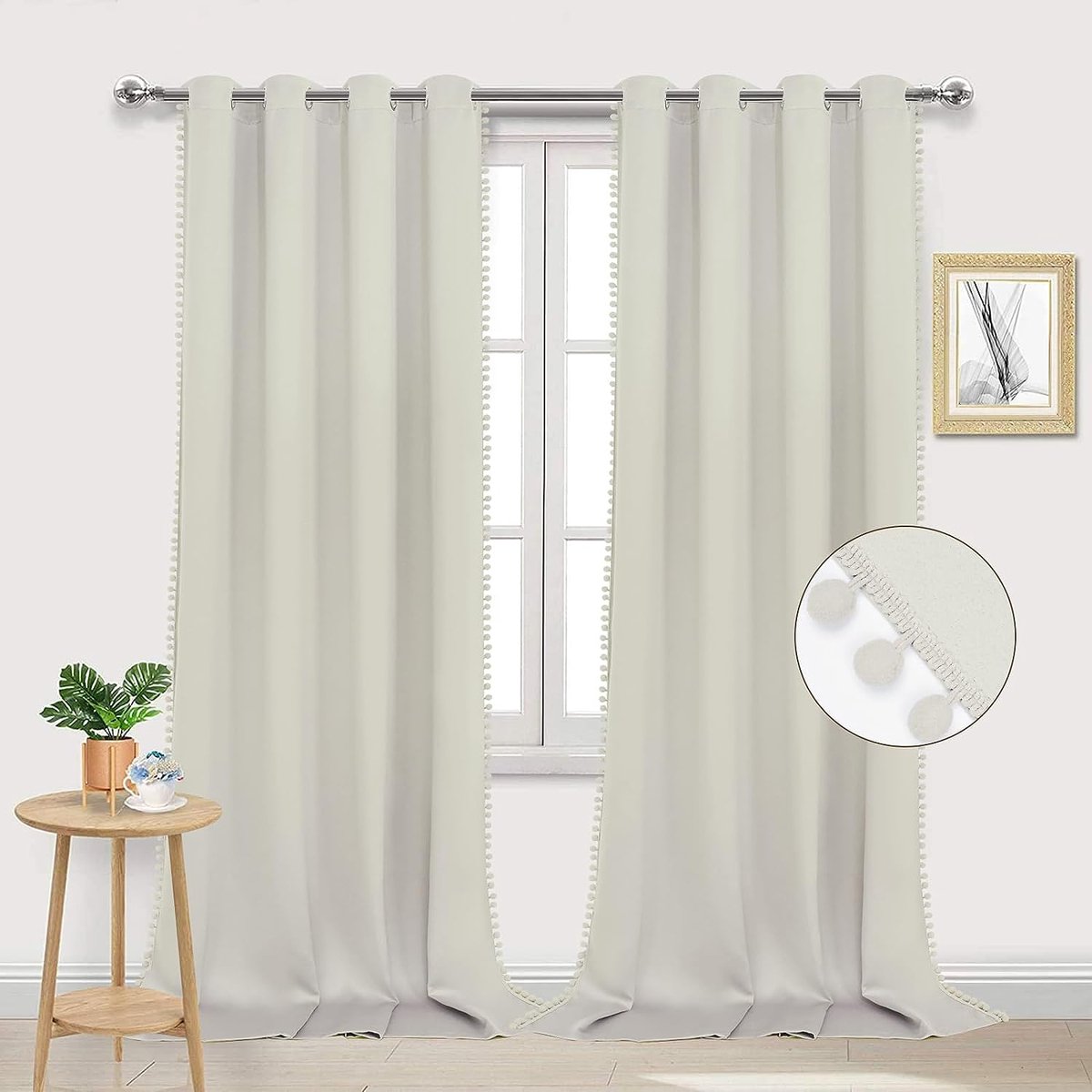 Hoomall Ondoorzichtig gordijn, beige gordijn met ringen, thermogordijn, verduisteringsgordijn, koudebescherming, warmte-isolerend, geluidswerend gordijn met pompons, voor woonkamer, H 245 x B 140 cm, set van 2