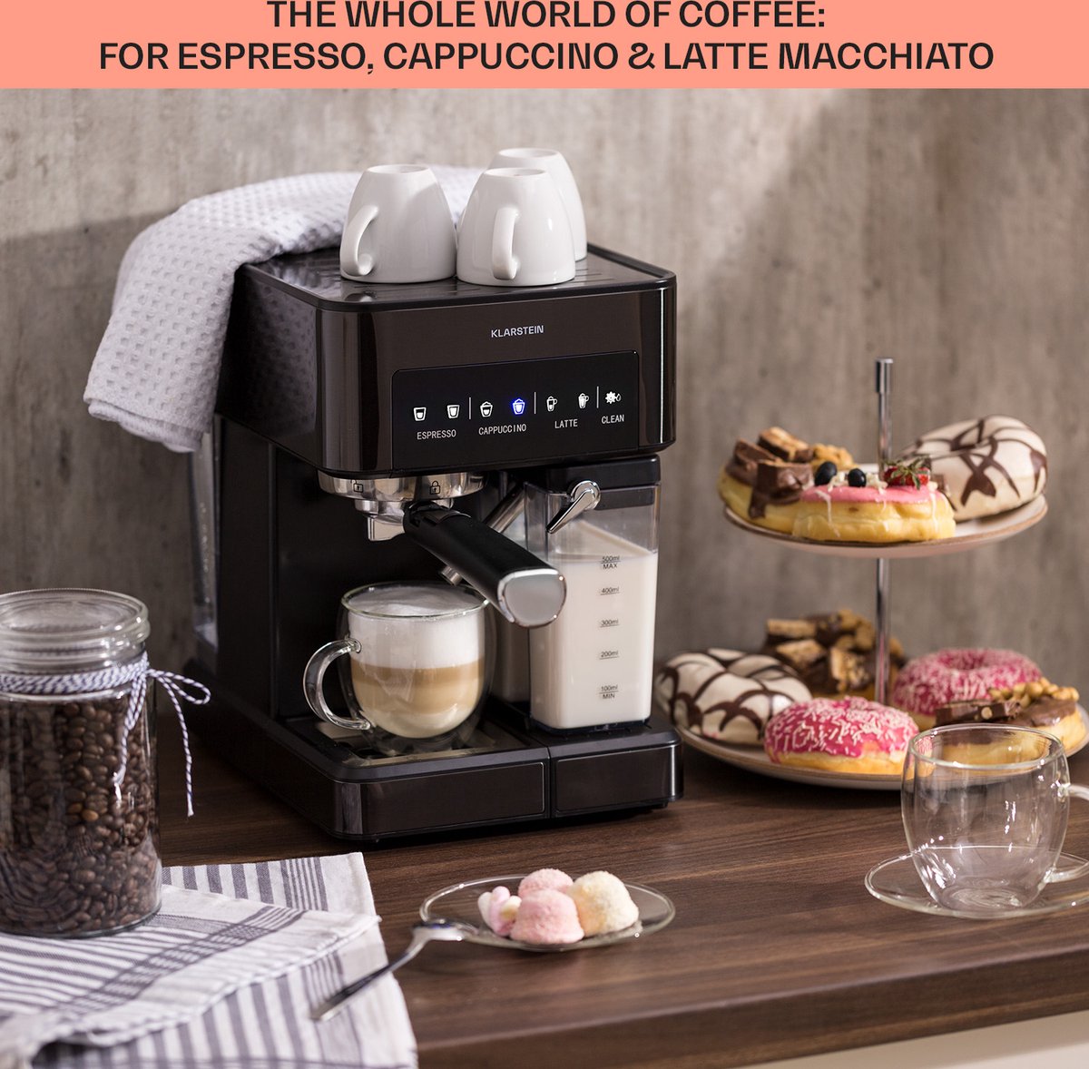 Klarstein Koffiemachine Arabica Comfort portafiltermachine 1350 watt 20 bar 1,8 liter touch control - Espressomachine - Stoompijpje LED - RVS - Coffee Machine Koffieautomaat thumbnail 3