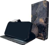 HEM Stylish Book Case (convient pour S22 Ultra) Coque Samsung S22 Ultra avec 3 découpes pour cartes + compartiment photo - Étui portefeuille - porte-cartes - Marbre Blauw/ Or