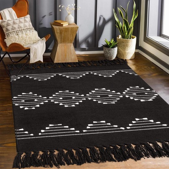 Boho zwart wit tapijt woonkamer 150 x 200 cm, wasbaar katoenen tapijt met handgeweven kwasten voor slaapkamer, keuken, entree, eetkamer