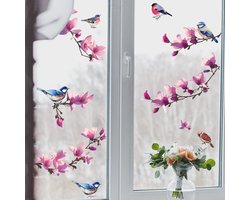 Stickerkamer® | Raamsticker | Vogels op tak met bloemen | Pimpelmees | Dubbelzijdig bedrukt | Tuin | Poster | Raamdecoratie | Woonkamer | Huis inrichting | Stickers | Zelfklevend