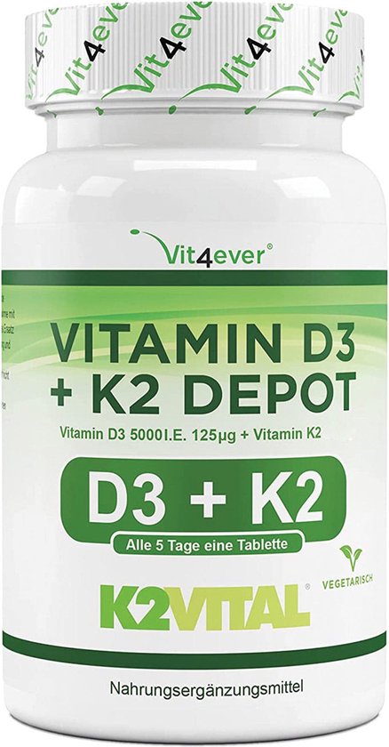 Vit4ever - Vitamine D3 + K2 Depot - 365 tabletten met 5000 I.E + Vitamine K2 200 mcg per ÉÉN tablet - 99.7+% All-Trans (K2VITAL® by Kappa) - Hoog Gedoseerd