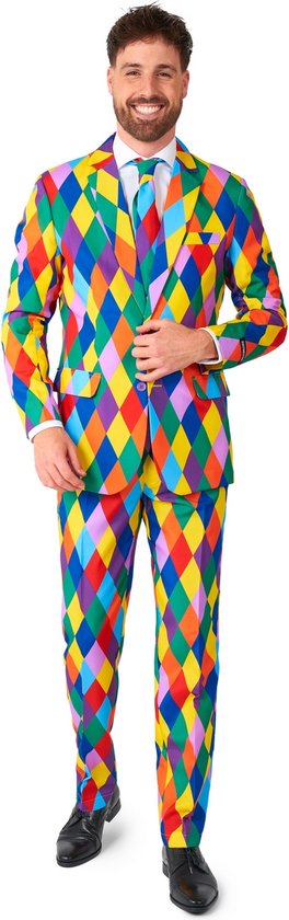 Suitmeister Harleclown - Carnavals Kostuum - Clown Outfit - Inclusief Pantalon, Blazer en Stropdas - Multi Color - Maat: 2XL