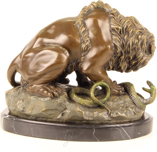 Bronzen Leeuw en Slang - Moedig Krachtig Beeld - Kunst Sculptuur - Unieke Decoratie