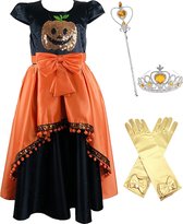 Carnavalskleding - Prinsessenjurk meisje - Het Betere Merk - Halloween kostuum voor kinderen - maat 104/110 - Kroon - Tiara - Toverstaf - Lange handschoenen - heksen - pompoen decoratie