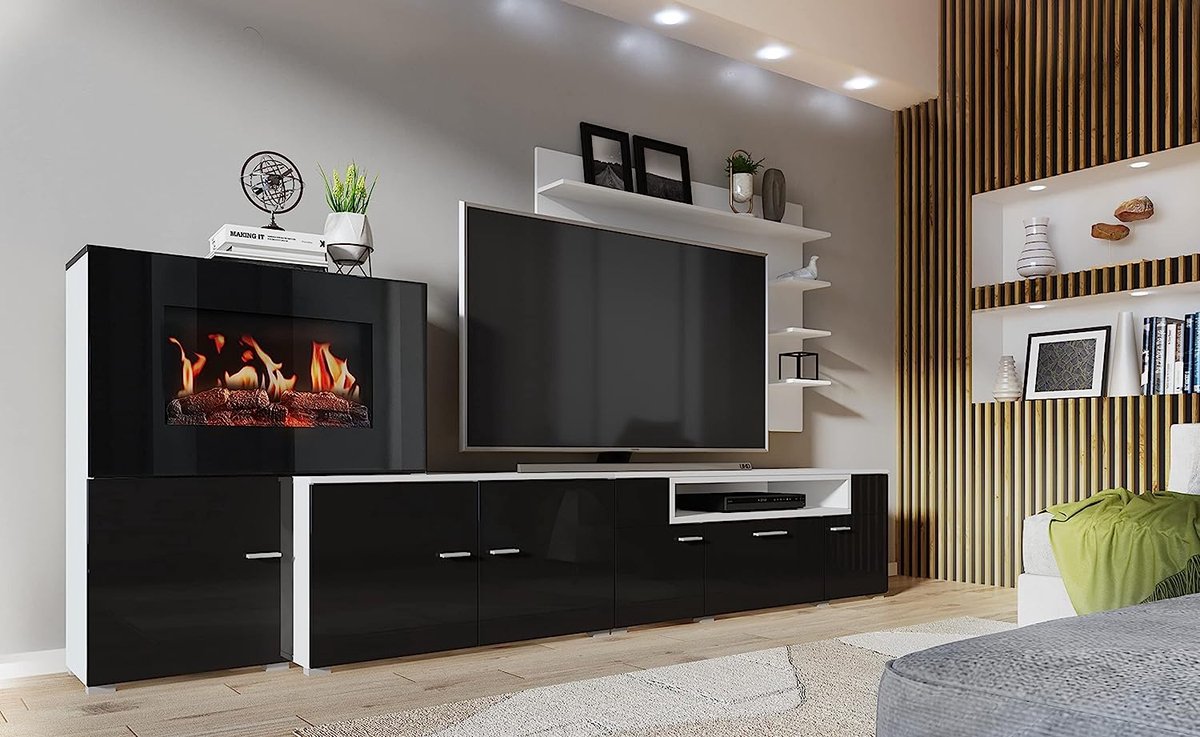 Skraut Home - Meubels voor woonkamer met elektrische open haard - 170 x 290 x 45 cm - LED-verlichtingssysteem met vlameffect - Nieuw Olympo-model - Moderne stijl - Wit/zwarte afwerking