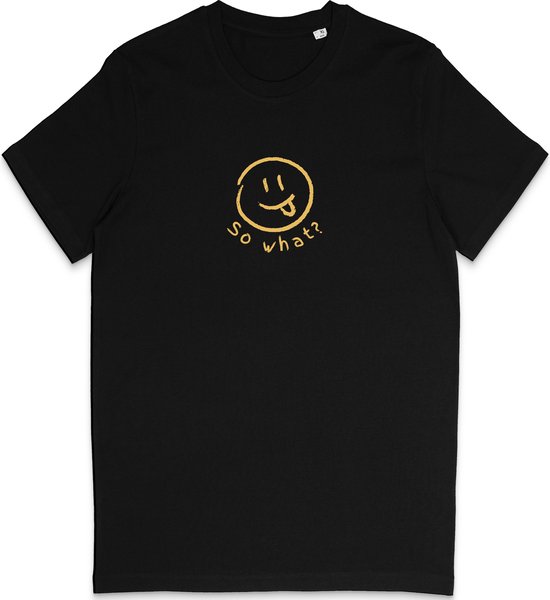 Grappig Heren Dames T Shirt So What? Nou En? - Minimalistische Smiley Print - Zwart - 3XL