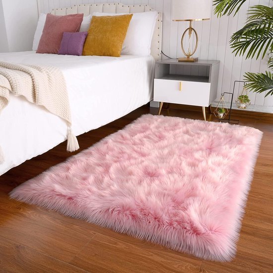 Imitatie lamsvacht schapenvacht tapijt, Kunstbont in super light imitatievacht tapijt voor slaapkamer vloer woonkamer woondecoratie tapijt voor bed of bank (roze, 60 x 90 cm)