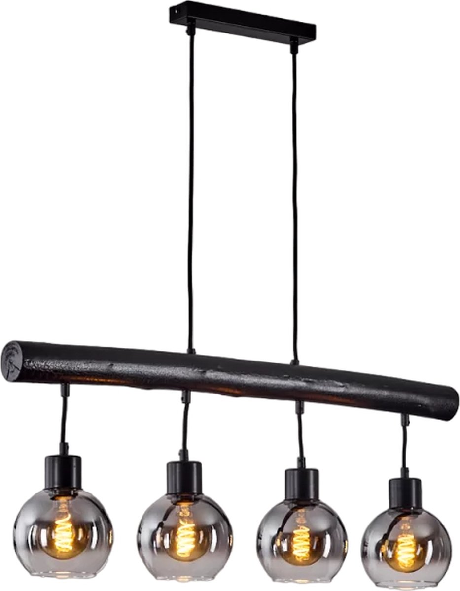 Voue Hanglamp Zwart 4 lichtbronnen - moderne zwarte glazen rokerig houten hanglamp 40 watt - e27 lichts woonkamer verlichting - boho-stijl retro vintage zwarte hanglamp hoogte van 120 cm rechthoekige hanglamp