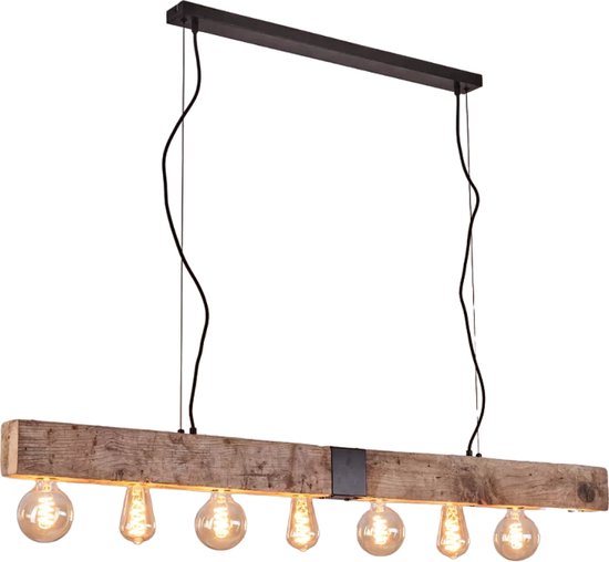 Deveal Hanglamp Hout 8 lichtbronnen, Natuurlijke kleur hout/metaal in lichtbruin/zwart, rechthoekige vintage hanglamp in industriële stijl, 8 lampen, 8 x E27, hoogte max. 120 cm, zonder lampen
