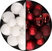 Kerstballen 60x stuks - mix donkerrood/wit - 4-5-6 cm - kunststof - kerstversiering