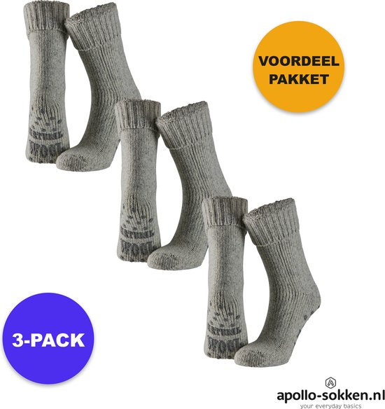 Apollo - Wollen Huissokken Unisex - 3-Pack Voordeel - Grijs - Maat 43/46 - Huissokken - Wintersokken antislip