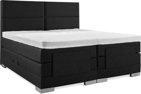 Soft bedden Elektrische Boxspring - 160x220 - Incl. 4 vlaks hoofdbord - Gitzwart met plint