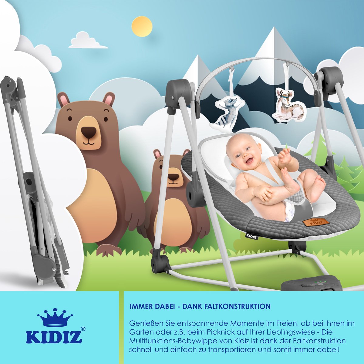 KIDIZ Wipstoel Baby Elektrisch Babyschommel tot max 9kg - Antraciet thumbnail 5