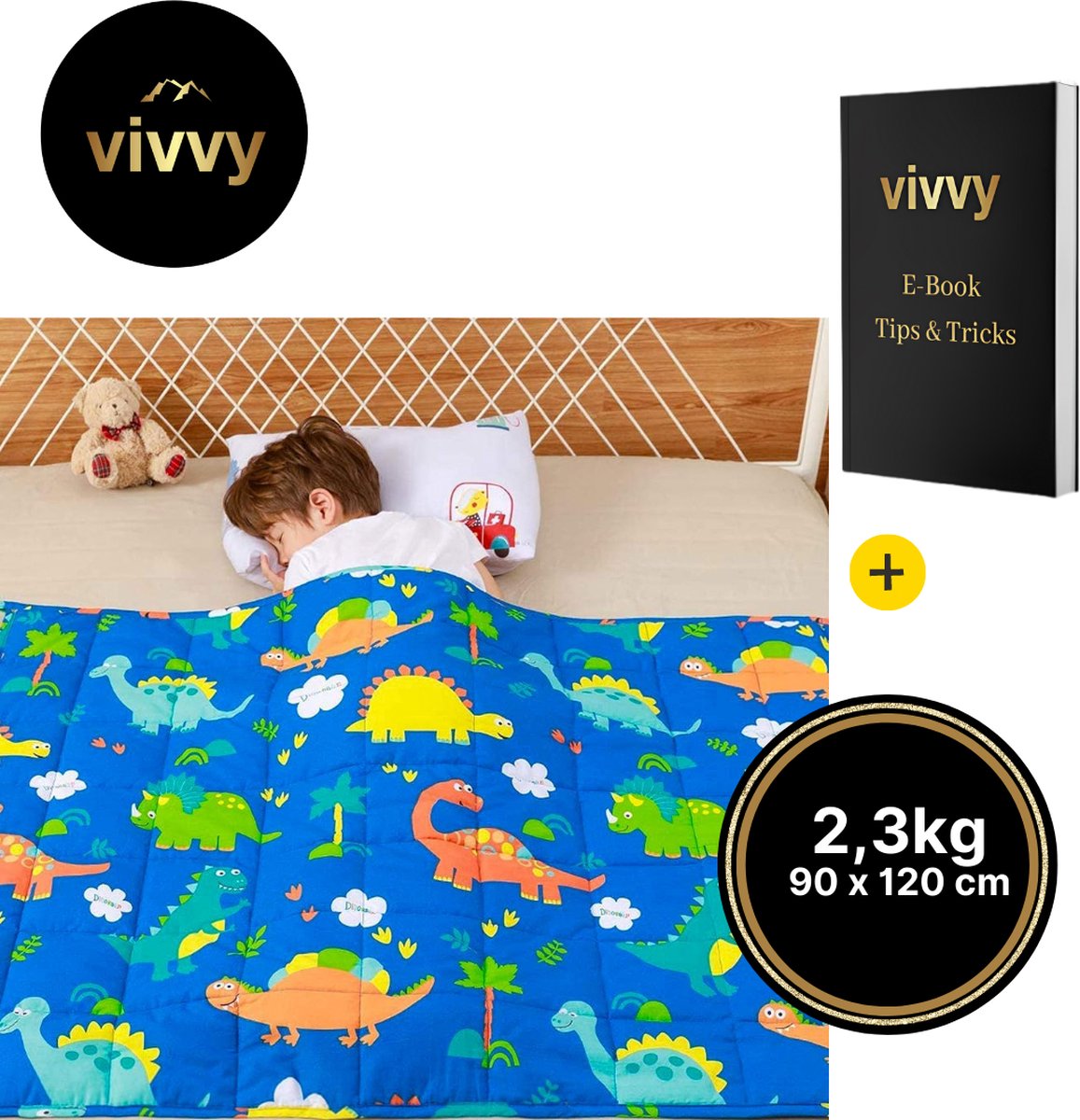 Vivvy Verzwaringsdeken Kind 2 In 1 - Zware Deken Wasbaar - Weighted Blanket Comfortabel - 100% Tevredenheidsgarantie - Dinosaurus Editie - 2.3 Kg - 90*120 Cm Blauw