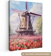 Canvas Schilderij Molen - Tulpen - Bloemen - Landschap - Hollands - 30x40 cm - Wanddecoratie