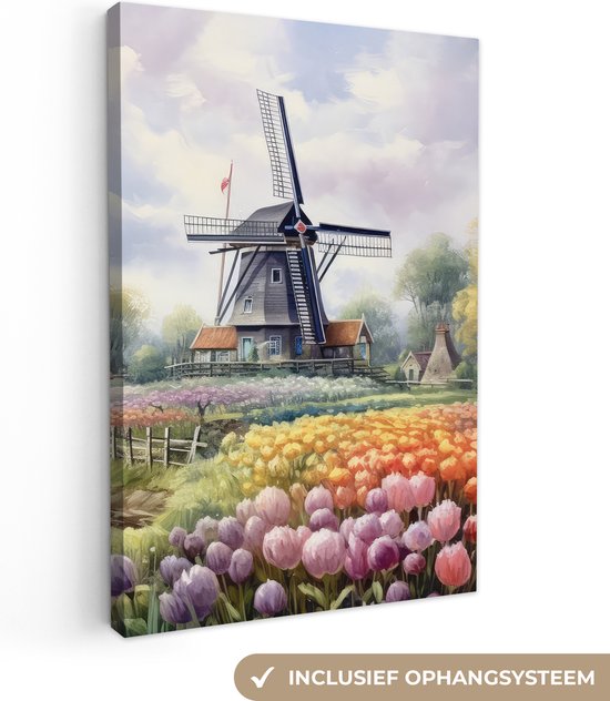 Canvas Schilderij Molen - Bloemen - Nederland - Landschap - Hollands - 60x90 cm - Wanddecoratie