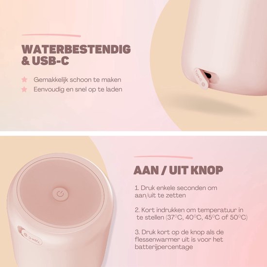 Roze flesverwarmer met USB-C poort en aan/uit knop. Details over waterbestendigheid en opladen.