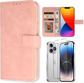Casemania Hoesje Geschikt voor Apple iPhone 15 Plus Baby Roze & 2X Glazen Screenprotector- Portemonnee Book Case - Kaarthouder & Magneetlipje