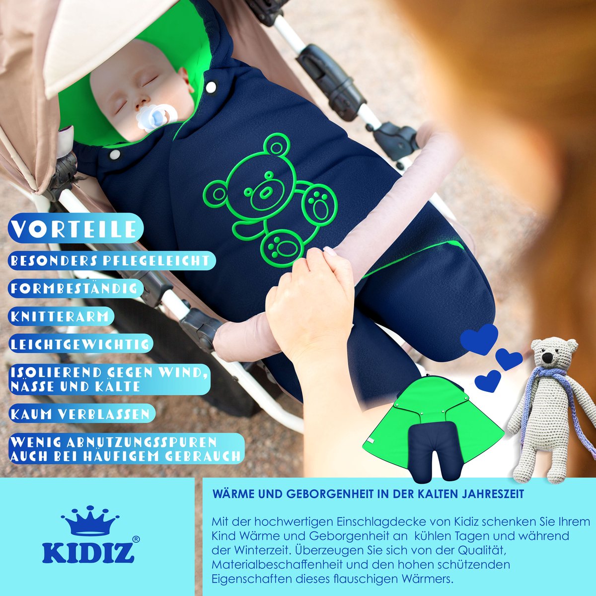 KIDIZ® Baby Slaapzak voor Buggy Voetenzak voor Autostoeltje & Wandelwagen Babyschaal, voor Winter met Kap + Babyslaapzak Deken voor Maxi-Cosi & Kinderwagen alle Gordelsystemen 3 & 5-Puntsgordel - Marineblauw / Groen – foto 6