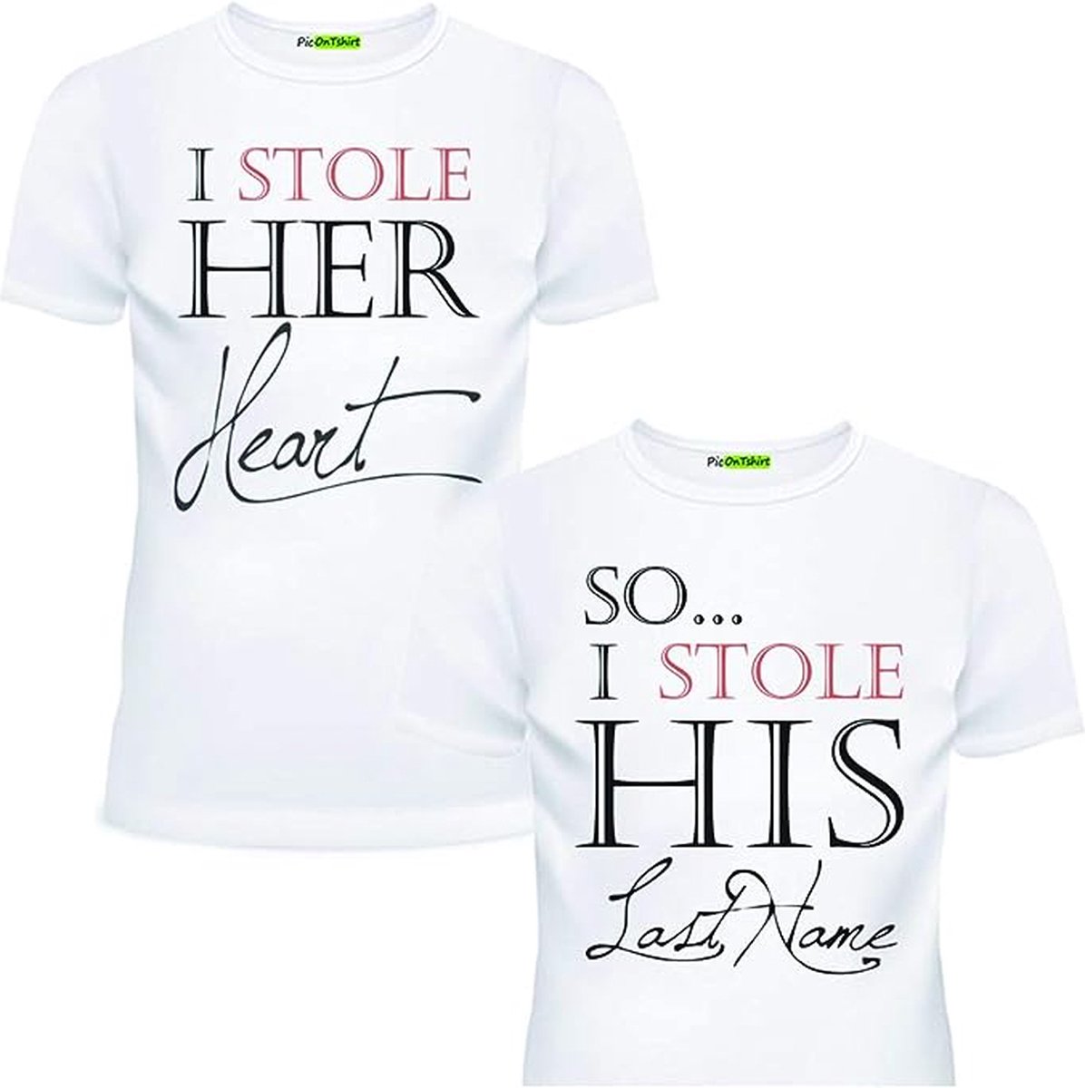 PicOnTshirt - Teetalks Series - T-Shirt Dames - T-Shirt Heren - T-Shirt Met Print - Couple T-Shirt Met 'I Stole Her Heart / His Soul' Print - 2 Pack - Wit - Heren S/Dames L