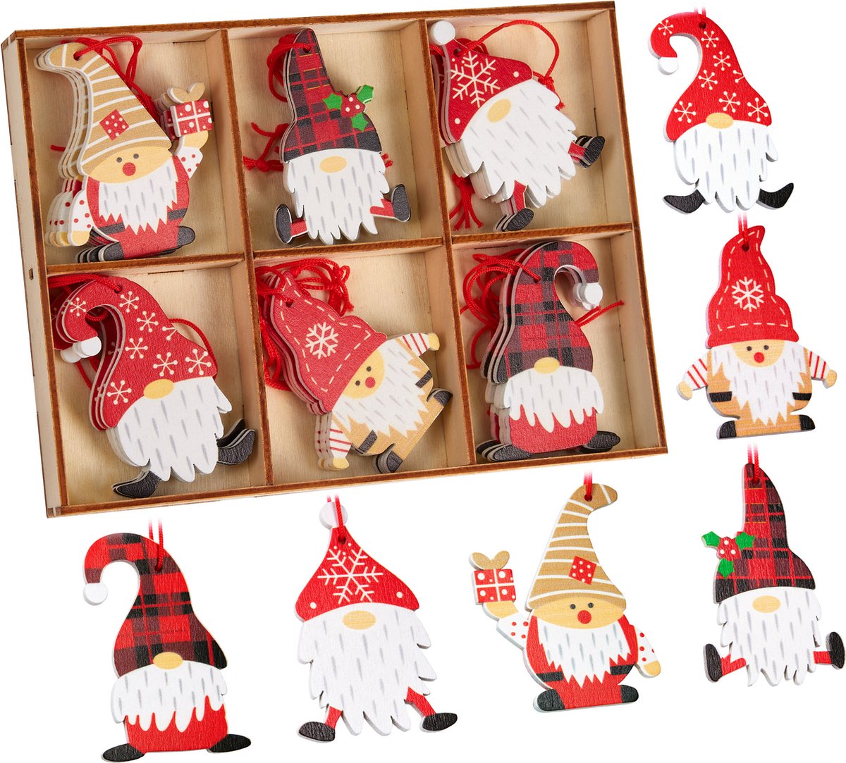 Brubaker 24-Delig Kersthangers Kabouterset - Houten Boomdecoratie 5,8 cm - Grappige Kabouters met Kerstmutsen en Cadeautjes - Houten Kersthangers - Kerstboomdecoratie mehrfarbig