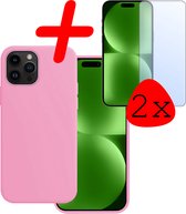 Hoes Geschikt voor iPhone 15 Pro Hoesje Siliconen Back Cover Case Met 2x Screenprotector - Hoesje Geschikt voor iPhone 15 Pro Hoes Cover Hoesje - Lichtroze.