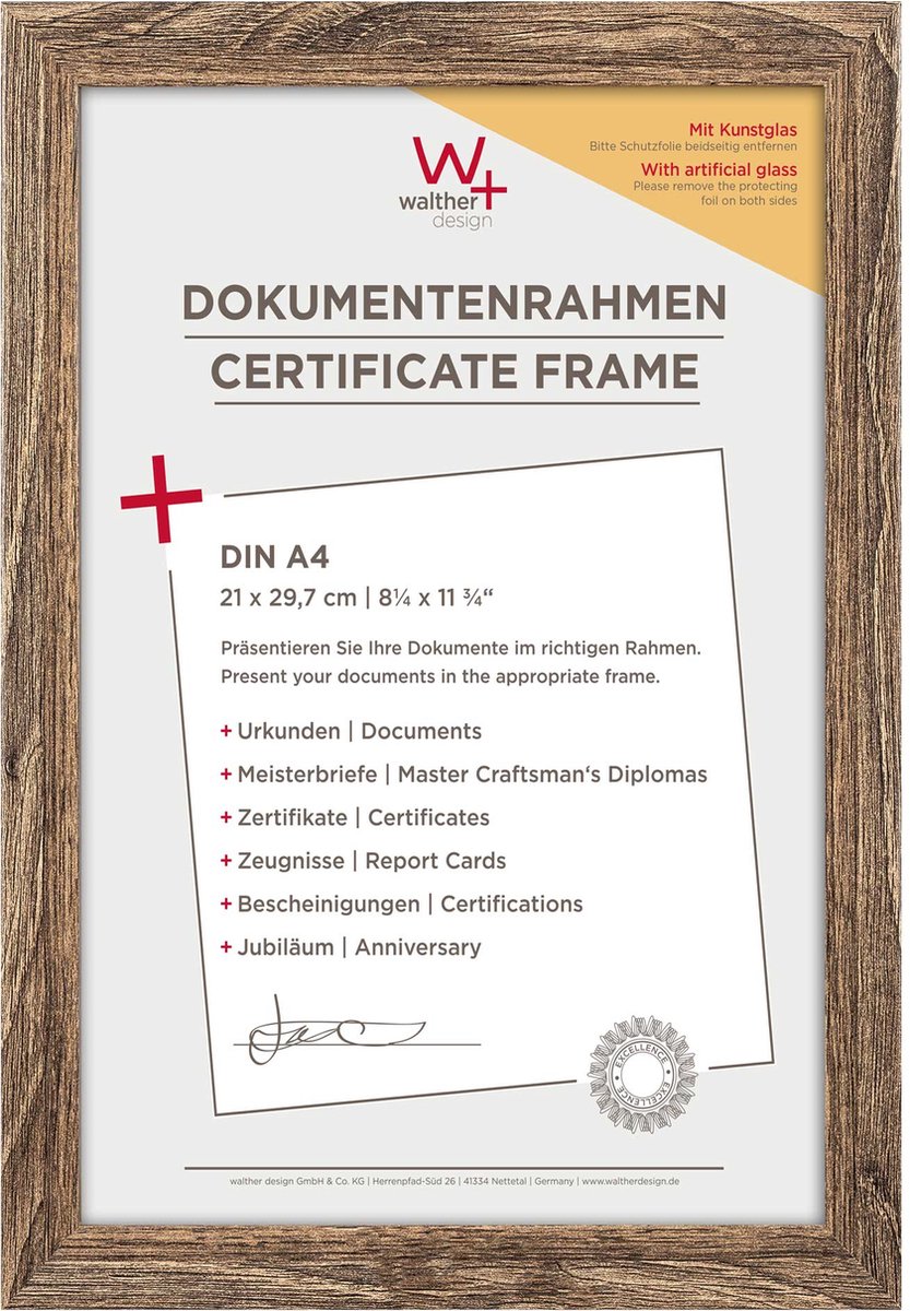 Walther Fiorito - MDF Houten lijst - Fotoformaat 21x29,7 cm - Kunstglas - Walnoot