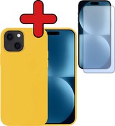 Hoesje Geschikt voor iPhone 15 Hoesje Siliconen Case Hoes Met Screenprotector - Hoes Geschikt voor iPhone 15 Hoes Cover Case - Geel