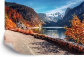 Fotobehang Beautiful Landscape Mountain Forest Lake. Amazing Autumn View Of Grundlsee Alpine Lake. Great Autumn Background For Design. Colorful Scenery In Alps. Popular Travel And Hiking Destination.