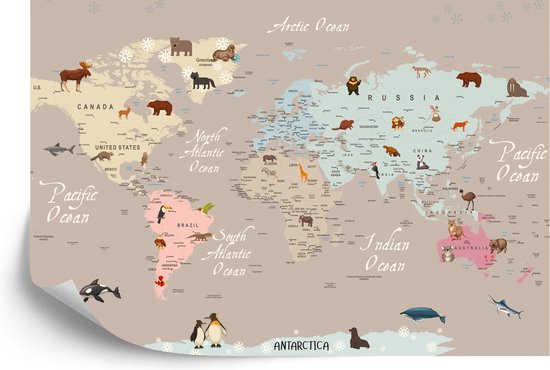 Foto: Fotobehang animals world map for kids wallpaper design