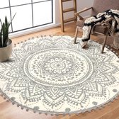 Rond Grijs Tapijt 120 cm Mandala Slaapkamer Zacht Groot Tapijt met Pom Pom Franjes Antislip Wasbaar Accent Gooi Tapijt voor Slaapkamer Bank Kinderkamer