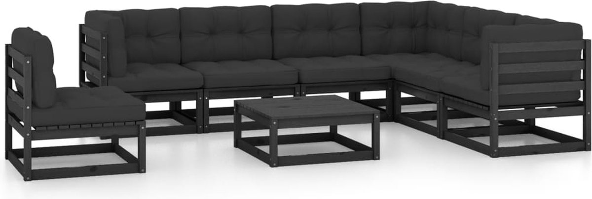 The Living Store 8-delige Loungeset met kussens massief grenenhout zwart - Tuinlounge - Lounge Set - Houten Loungebank - Buitendiner - Terrasfurniture